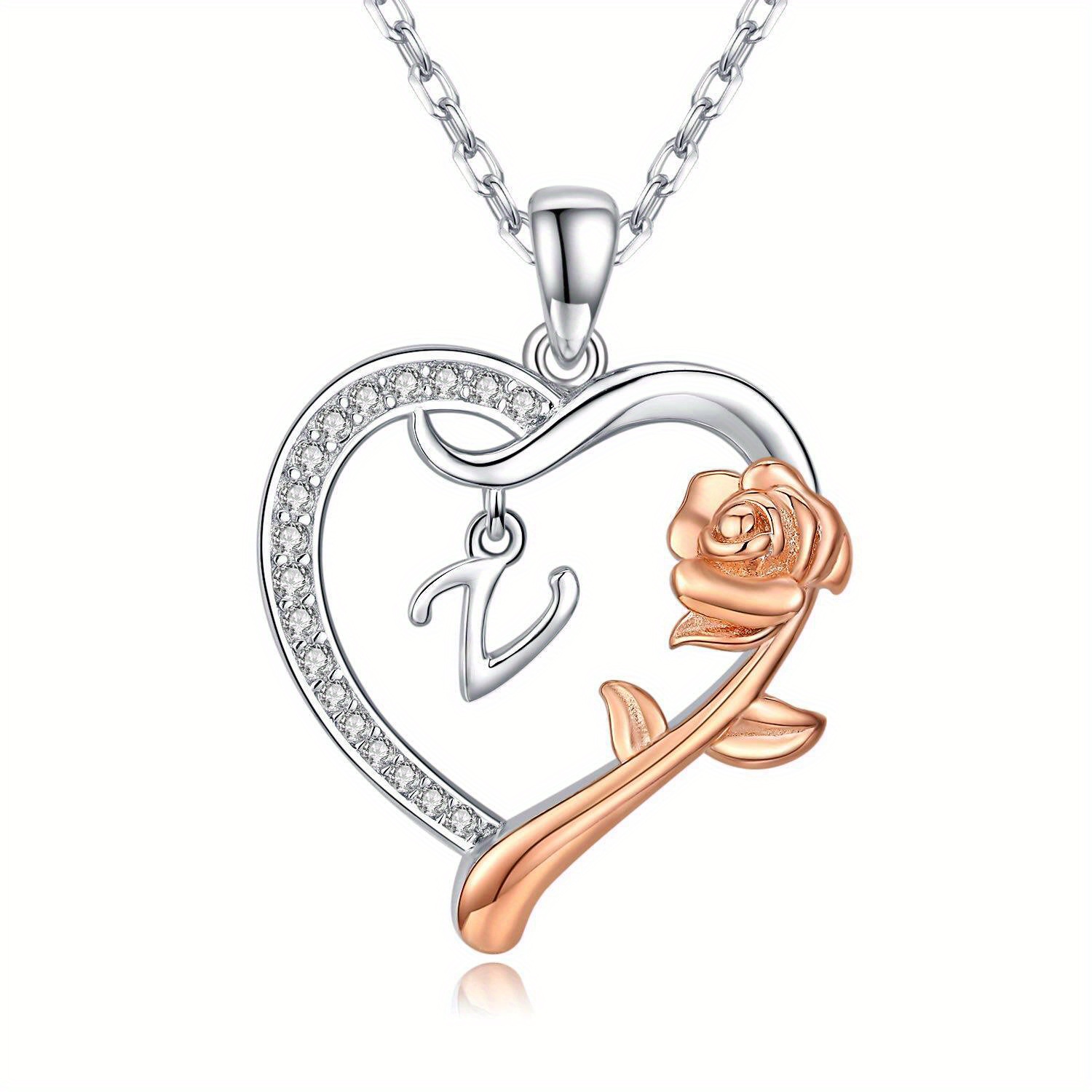 925 Silver U Letter Rose Heart Necklace Personalised Gift